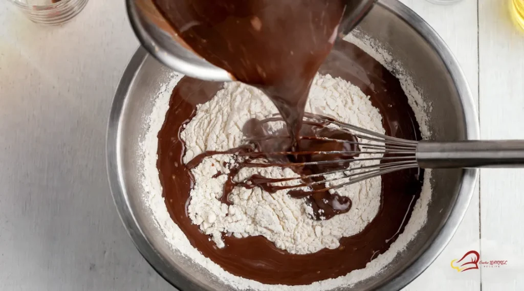 pouring the hot chocolate mixture over the dry ingredients.