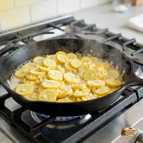 Sliced yellow squash in the skillet.