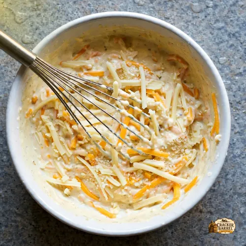 shredded cheddar, Monterey Jack, and Parmesan cheese in creamy mixture
